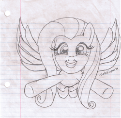 Size: 1464x1421 | Tagged: safe, artist:colaeuphoria, imported from derpibooru, fluttershy, female, lined paper, monochrome, solo, traditional art