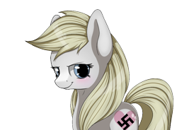 Size: 814x598 | Tagged: safe, artist:allyster-black, imported from derpibooru, oc, oc only, oc:aryanne, earth pony, pony, blonde, blushing, female, heart, like what you see?, looking at you, nazi, smiling, solo, swastika, upper body