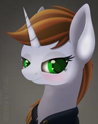 Size: 1250x1578 | Tagged: safe, artist:allyster-black, imported from derpibooru, oc, oc only, oc:littlepip, pony, unicorn, fallout equestria, blushing, bust, clothes, colored pupils, fanfic, fanfic art, female, gray background, horn, jumpsuit, looking at you, mare, portrait, simple background, solo, vault suit