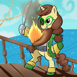 Size: 1000x1000 | Tagged: safe, artist:madmax, imported from derpibooru, oc, oc only, oc:madmax, pony, beard, bipedal, clothes, facial hair, fire, glasses, pirate, ship, solo, sword, weapon