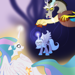 Size: 1000x1000 | Tagged: artist needed, source needed, safe, imported from derpibooru, discord, princess celestia, princess luna, marionette, puppet