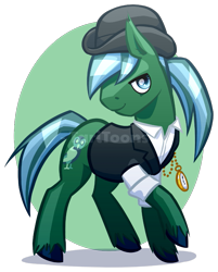 Size: 725x900 | Tagged: safe, artist:taritoons, imported from derpibooru, oc, oc only, oc:thestrauss, earth pony, pony, bedroom eyes, bowler hat, cel shading, clothes, commission, hat, looking at you, pocket watch, raised hoof, simple background, smirk, solo, transparent background, unshorn fetlocks