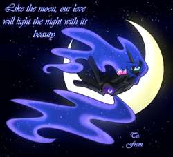 Size: 1150x1050 | Tagged: safe, artist:cosmalumi, artist:its-gloomy, imported from derpibooru, nightmare moon, alicorn, pony, tumblr:ask queen moon, blushing, hearts and hooves, holiday, moon, smiling, solo, tangible heavenly object, valentine, valentine's day