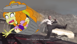 Size: 1364x791 | Tagged: safe, imported from derpibooru, adagio dazzle, equestria girls, rainbow rocks, abuse, adagiabuse, don't fuck with this senator, duo, garbagio, kicking, konami, metal gear, metal gear rising, senator armstrong, trash can, vulgar, wat