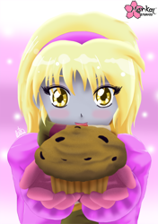 Size: 600x852 | Tagged: safe, artist:clouddg, imported from derpibooru, derpy hooves, equestria girls, clothes, female, muffin, scarf, solo, sweater