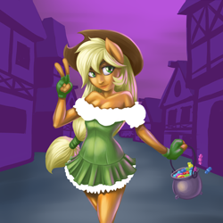 Size: 500x500 | Tagged: safe, artist:romanrazor, imported from derpibooru, applejack, anthro, candy, female, human facial structure, nightmare night, solo