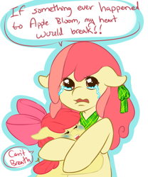 Size: 1000x1200 | Tagged: safe, artist:tiki-sama, imported from derpibooru, apple bloom, apple bumpkin, apple family member, crying, dialogue, sad