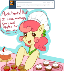 Size: 900x1000 | Tagged: safe, artist:tiki-sama, imported from derpibooru, apple bumpkin, apple family member, ask, cake, caramel apple (food), chef's hat, dialogue, hat, solo, tumblr