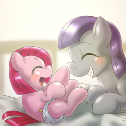 Size: 1000x1000 | Tagged: dead source, safe, artist:ushiro no kukan, imported from derpibooru, maud pie, pinkie pie, baby pie, boop, cute, diaper, diapinkes, duo, eyes closed, filly, grin, maudabetes, on back, open mouth, pie sisters, prone, sisters, smiling, ushiro is trying to murder us, weapons-grade cute, when she smiles, younger