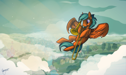 Size: 1200x720 | Tagged: safe, artist:casynuf, imported from derpibooru, oc, oc only, cloud, cloudy, flying, musical instrument, solo, trombone