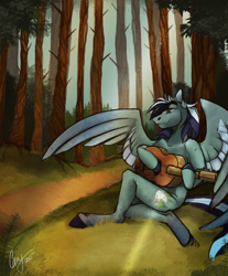 Size: 2480x3000 | Tagged: safe, artist:casynuf, imported from derpibooru, oc, oc only, anthro, dark, forest, guitar, hoof hold, sitting, smiling, solo, spread wings