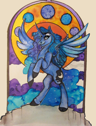 Size: 2000x2633 | Tagged: safe, artist:casynuf, imported from derpibooru, princess luna, bedroom eyes, cloven hooves, female, modern art, nouveau, rearing, smiling, solo, spread wings, traditional art