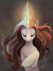 Size: 3000x4000 | Tagged: safe, artist:casynuf, imported from derpibooru, oc, oc only, pony, unicorn, eyes closed, female, magic, portrait, raised hoof, solo, windswept mane