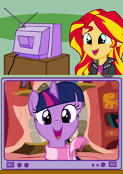 Size: 564x800 | Tagged: safe, edit, imported from derpibooru, screencap, sunset shimmer, twilight sparkle, equestria girls, winter wrap up, clothes, cute, exploitable meme, faic, happy, meme, obligatory pony, scarf, shimmerbetes, shimmersmile, tv meme, twiabetes