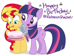 Size: 800x600 | Tagged: safe, artist:dm29, imported from derpibooru, sunset shimmer, twilight sparkle, alicorn, pony, unicorn, cake, cute, duo, happy birthday, julian yeo is trying to murder us, microphone, rebecca shoichet, shimmerbetes, singing, twiabetes, twilight sparkle (alicorn), voice actor joke