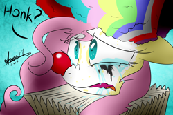 Size: 3000x2000 | Tagged: safe, artist:php25, deleted from derpibooru, imported from derpibooru, fluttershy, 30 minute art challenge, clown, crying, face paint, rainbow wig, ruff (clothing), sad clown, scared, solo, stage fright