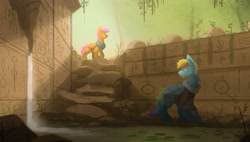 Size: 2800x1591 | Tagged: safe, artist:fuzzyfox11, imported from derpibooru, rainbow dash, scootaloo, clothes, jacket, ruins, scarf