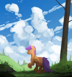 Size: 2322x2500 | Tagged: safe, artist:fuzzyfox11, imported from derpibooru, scootaloo, female, forest, sky, solo