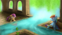 Size: 3840x2160 | Tagged: safe, artist:fuzzyfox11, imported from derpibooru, rainbow dash, scootaloo, aqueduct, book, ruins, water