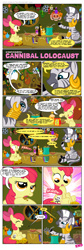 Size: 1900x5631 | Tagged: safe, artist:pixelkitties, imported from derpibooru, apple bloom, applejack, diamond tiara, zecora, earth pony, pony, zebra, abuse, beetlejuice, bottle, candle, cannibal holocaust, cannibalism, comic, creepy, dark comedy, dead, decapitated, destro, female, filly, flavor flav, g.i. joe, implied death, implied murder, jigsaw, konami code, pineapple, saw (movie), severed head, shrunken head, sitting, soup, the mask, tiarabuse, we are going to hell, zecora's hut