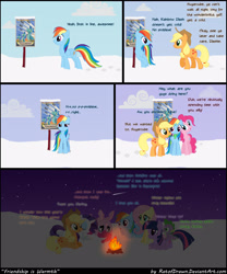 Size: 1042x1250 | Tagged: safe, artist:ratofdrawn, imported from derpibooru, applejack, fluttershy, pinkie pie, rainbow dash, rarity, spike, twilight sparkle, campfire, clothes, comic, cute, fire, leaning, mane seven, mane six, on back, open mouth, ponyloaf, poster, prone, scarf, smiling, snow, wonderbolts