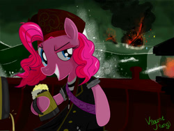 Size: 1024x768 | Tagged: safe, artist:vincentjiang0v0, imported from derpibooru, pinkie pie, pony, alcohol, bipedal, boat, dreamworks face, hoof hold, ocean, pirate, storm