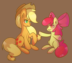 Size: 804x702 | Tagged: safe, artist:mimtii, imported from derpibooru, apple bloom, applejack, apple sisters, blushing, brown background, duo, ear fluff, full body, happy, looking at each other, looking at someone, raised hoof, siblings, simple background, sisters, sitting, spread hooves, underhoof