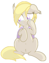 Size: 1907x2443 | Tagged: safe, artist:vito, deleted from derpibooru, imported from derpibooru, oc, oc only, oc:pom pom, belly button, blind, crying, cute, floppy ears, fluffy, happy, looking away, simple background, sitting, smiling, solo, tears of joy, transparent background, vector