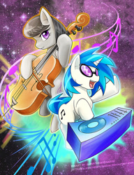 Size: 600x783 | Tagged: safe, artist:slifertheskydragon, imported from derpibooru, dj pon-3, octavia melody, vinyl scratch, earth pony, unicorn, bow (instrument), cello, disc jockey, duo, duo female, female, looking at you, musical instrument, open mouth, smiling, turntable