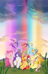 Size: 1920x2973 | Tagged: safe, artist:jenndylyon, imported from derpibooru, angel bunny, applejack, fluttershy, pinkie pie, rainbow dash, rarity, spike, sunset shimmer, twilight sparkle, alicorn, dragon, earth pony, pegasus, pony, unicorn, alternate mane seven, big crown thingy, elements of harmony, eyes closed, female, jewelry, male, mane seven, mane six, mare, one eye closed, open mouth, regalia, smiling, twilight sparkle (alicorn)