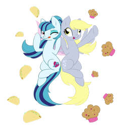 Size: 1280x1347 | Tagged: safe, artist:piichu-pi, imported from derpibooru, derpy hooves, sonata dusk, earth pony, pegasus, pony, equestria girls, cute, female, fin wings, fins, food, mare, muffin, one eye closed, ponified, similarities, simple background, sonataco, taco, that girl sure loves tacos, that pony sure does love muffins, that pony sure does love tacos, that siren sure does love tacos, tongue out, transparent background, wings, wink