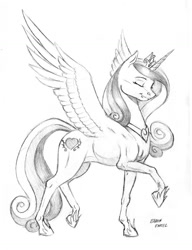 Size: 1023x1330 | Tagged: safe, artist:baron engel, imported from derpibooru, princess cadance, eyes closed, female, monochrome, pencil drawing, raised hoof, solo, spread wings, traditional art