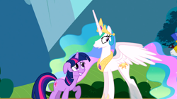 Size: 1366x768 | Tagged: safe, imported from derpibooru, screencap, princess celestia, twilight sparkle, swarm of the century, awkward smile, smiling