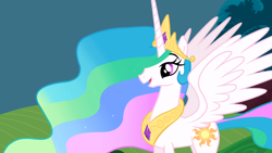 Size: 1366x768 | Tagged: safe, imported from derpibooru, screencap, princess celestia, alicorn, pony, swarm of the century, cute, cutelestia, female, jewelry, mare, open mouth, peytral, regalia, smiling, solo, spread wings, wings