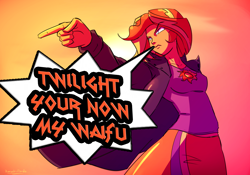 Size: 2500x1750 | Tagged: safe, artist:kanashiipanda, edit, imported from derpibooru, sunset shimmer, equestria girls, badass, female, frown, glare, grammar error, implied sunsetsparkle, jojo's bizarre adventure, lesbian, misspelling, pointing, solo, waifu