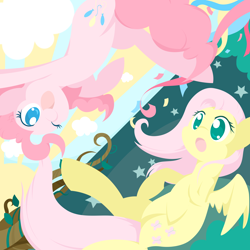 Size: 2500x2500 | Tagged: safe, artist:natsu714, imported from derpibooru, fluttershy, pinkie pie, :d, :o, duo, happy, lineless, looking at each other, looking at someone, lying down, no pupils, on back, one eye closed, open mouth, open smile, smiling, upside down, wink