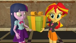 Size: 1024x576 | Tagged: safe, artist:creatorofpony, imported from derpibooru, sunset shimmer, twilight sparkle, twilight sparkle (alicorn), equestria girls, 3d, 3d model, clothes, eyes on the prize, gmod, jacket, leather jacket, present, shirt, skirt