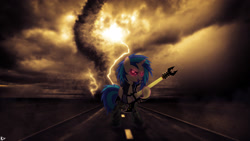 Size: 2560x1440 | Tagged: safe, artist:karl97, artist:sulyo, imported from derpibooru, dj pon-3, vinyl scratch, pony, unicorn, badass, bipedal, dark, female, glowing eyes, guitar, heavy metal, hooves, horn, lightning, mare, musical instrument, open mouth, red eyes, road, smiling, solo, tornado, vector, wallpaper