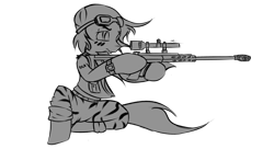 Size: 4098x2234 | Tagged: safe, artist:saddnesspony, imported from derpibooru, earth pony, pony, black and white, grayscale, gun, hooves, male, monochrome, optical sight, rifle, simple background, sitting, sniper, sniper rifle, solo, stallion, transparent background, weapon