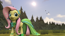 Size: 1920x1080 | Tagged: safe, artist:fd-daylight, imported from derpibooru, fluttershy, bird, 3d, clothes, dress, female, gala dress, solo, source filmmaker, sun, tree