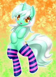 Size: 509x700 | Tagged: safe, artist:hashioaryut, imported from derpibooru, lyra heartstrings, pony, unicorn, bipedal, clothes, cute, featureless crotch, female, implied lyrabon, implied shipping, pixiv, socks, solo, striped socks, thigh highs