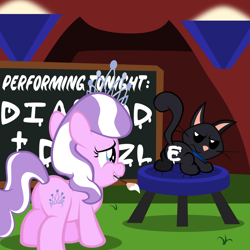 Size: 800x800 | Tagged: safe, artist:magerblutooth, imported from derpibooru, diamond tiara, oc, oc:dazzle, cat, earth pony, pony, annoyed, butt, chalkboard, female, filly, foal, lights, mouth mold, paint, paint on fur, paintbrush, plot, tent, text