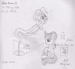 Size: 2247x2059 | Tagged: safe, artist:parclytaxel, imported from derpibooru, pinkie pie, starlight glimmer, genie, albumin flask, the cutie map, bottle, cutie mark, geniefied, lineart, magic, monochrome, reference sheet, scared, sitting, sketch, traditional art