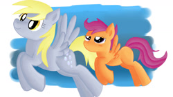 Size: 1600x900 | Tagged: safe, artist:jbond, imported from derpibooru, derpy hooves, scootaloo, pegasus, pony, abstract background, duo, duo female, female, filly, flying, foal, mare, simple background