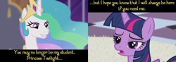 Size: 3840x1350 | Tagged: safe, edit, edited screencap, imported from derpibooru, screencap, princess celestia, twilight sparkle, alicorn, pony, princess twilight sparkle (episode), bedroom eyes, canterlot castle, caption, female, implied shipping, lesbian, mare, open mouth, out of context, quote, shipping, smirk, squint, text, twilestia, twilight sparkle (alicorn)