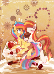 Size: 1000x1380 | Tagged: safe, artist:kolshica, imported from derpibooru, oc, oc only, oc:golden gates, oc:poniko, babscon, babscon mascots, butt, cake, chocolate, japan ponycon, mouth hold, plot, ponies in food, tiny ponies, underhoof