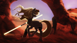 Size: 3295x1854 | Tagged: safe, artist:shaadorian, imported from derpibooru, derpy hooves, pegasus, pony, badass, crossover, double lightsaber, epic derpy, female, goggles, jedi, lightsaber, mare, solo, star wars, weapon, windswept mane