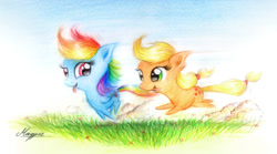 Size: 1115x621 | Tagged: safe, artist:magfen, artist:theflyingmagpie, imported from derpibooru, applejack, rainbow dash, chest fluff, running, tongue out, traditional art