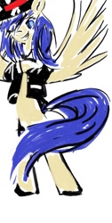 Size: 736x1457 | Tagged: artist needed, safe, imported from derpibooru, oc, oc only, oc:astral blitzen, pegasus, pony, bipedal, clothes, female, grin, hair over one eye, hat, looking at you, mare, smirk, solo, spread wings, top hat, tuxedo