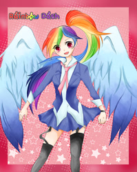 Size: 700x881 | Tagged: safe, artist:allwellll, imported from derpibooru, rainbow dash, human, blazer, clothes, female, humanized, miniskirt, necktie, school uniform, schoolgirl, shirt, skirt, socks, solo, stars, stockings, thigh highs, winged humanization